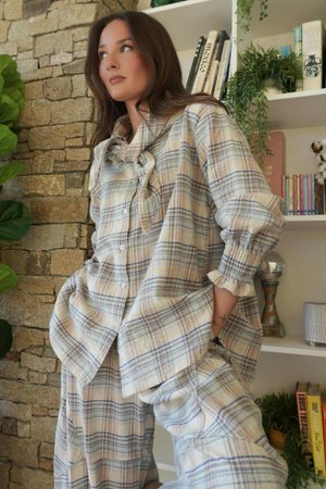 Agnes Plaid Brushed Cotton Neckerchief Blouse Blues